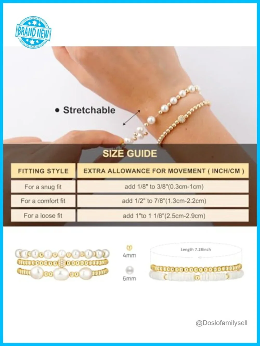 14K Gold Plated Stretch Bead Ball Bracelet Stack - 5pcs Pearl Beaded Bracelets